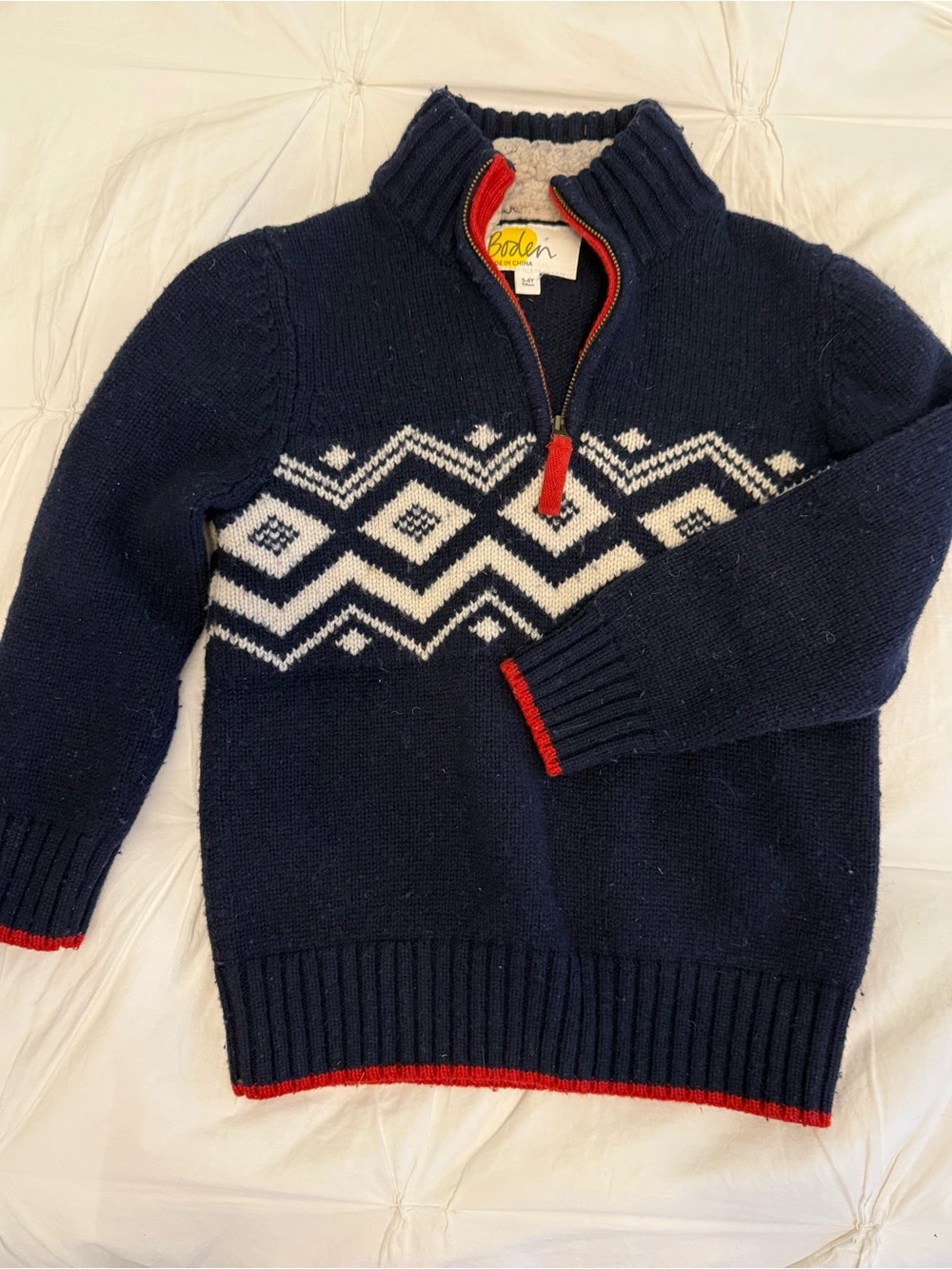 Boden Navy Fair Isle Half-Zip Sweater with Red Trim
